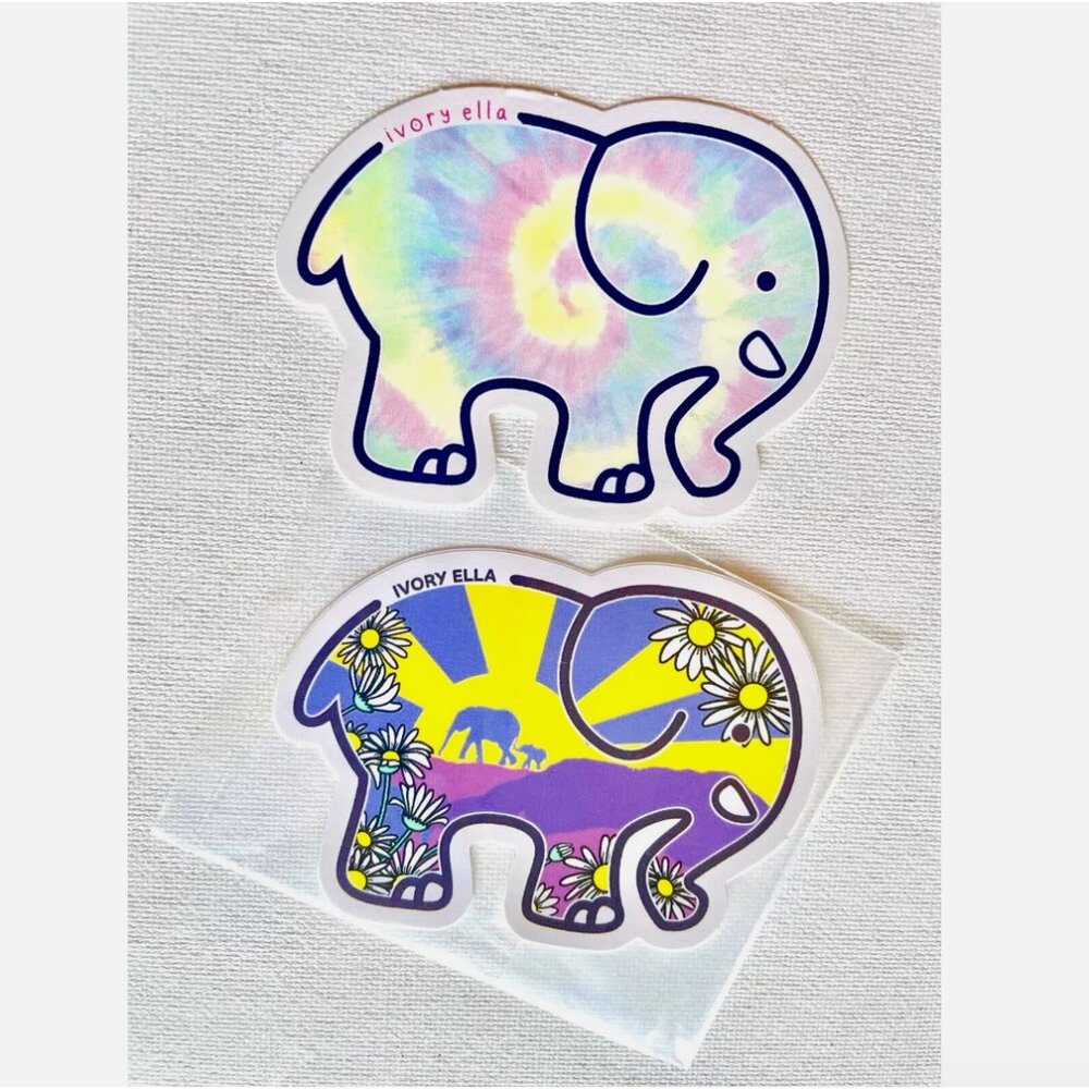 2 RARE IVORY ELLA PASTEL TIE DYED DAISY FLOWERS SAVE THE ELEPHANTS STICKERS PACK